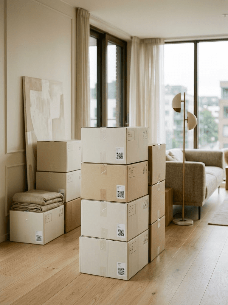Labeled moving boxes ready in a bright apartment